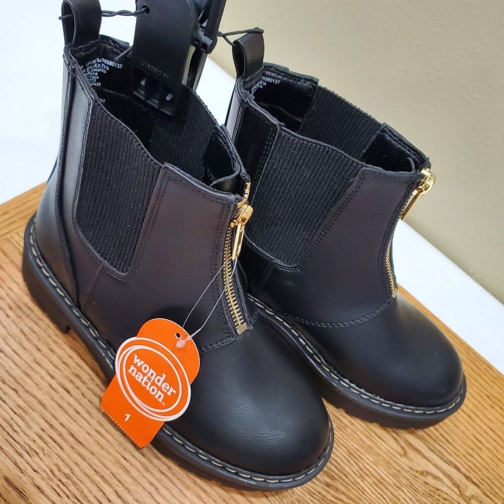 Wonder Nation Little Girls Chelsea Boots Size 1 Black Zip Front Comfort Stretch